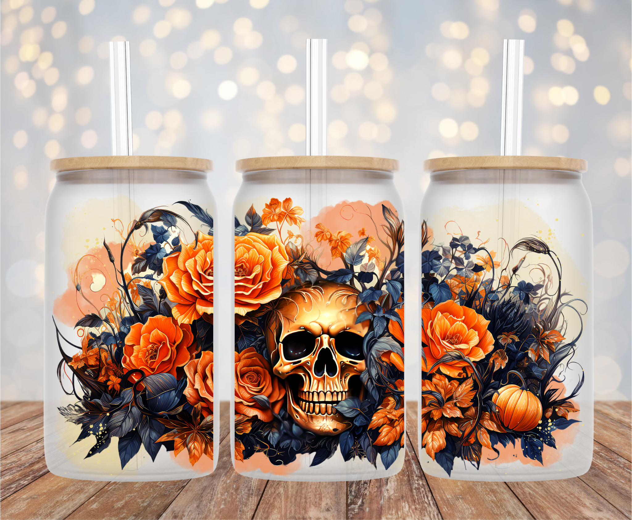 Floral Skull Frosted Libby Glass