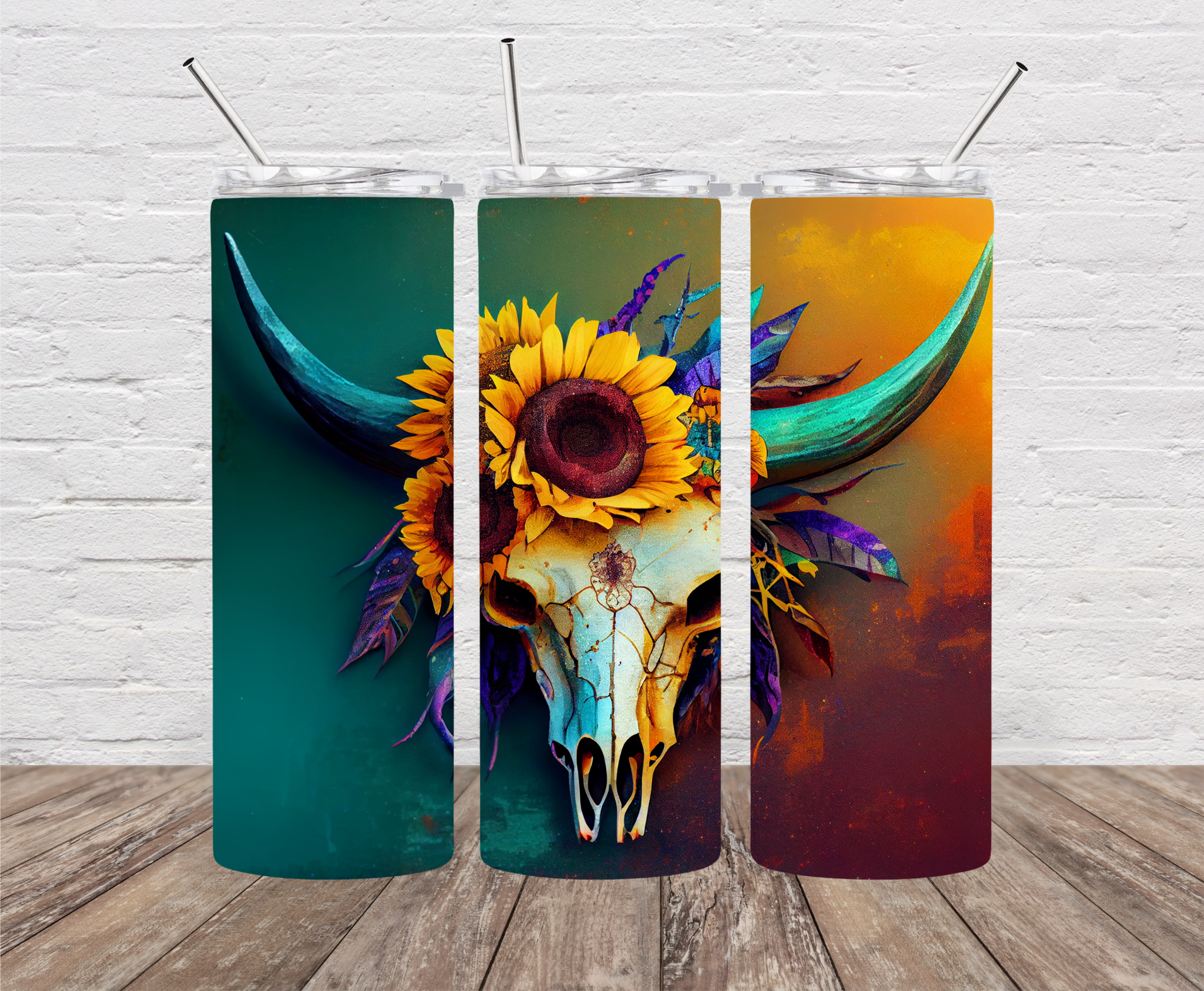 Cow Skull with Sunflowers Skinny Tumbler