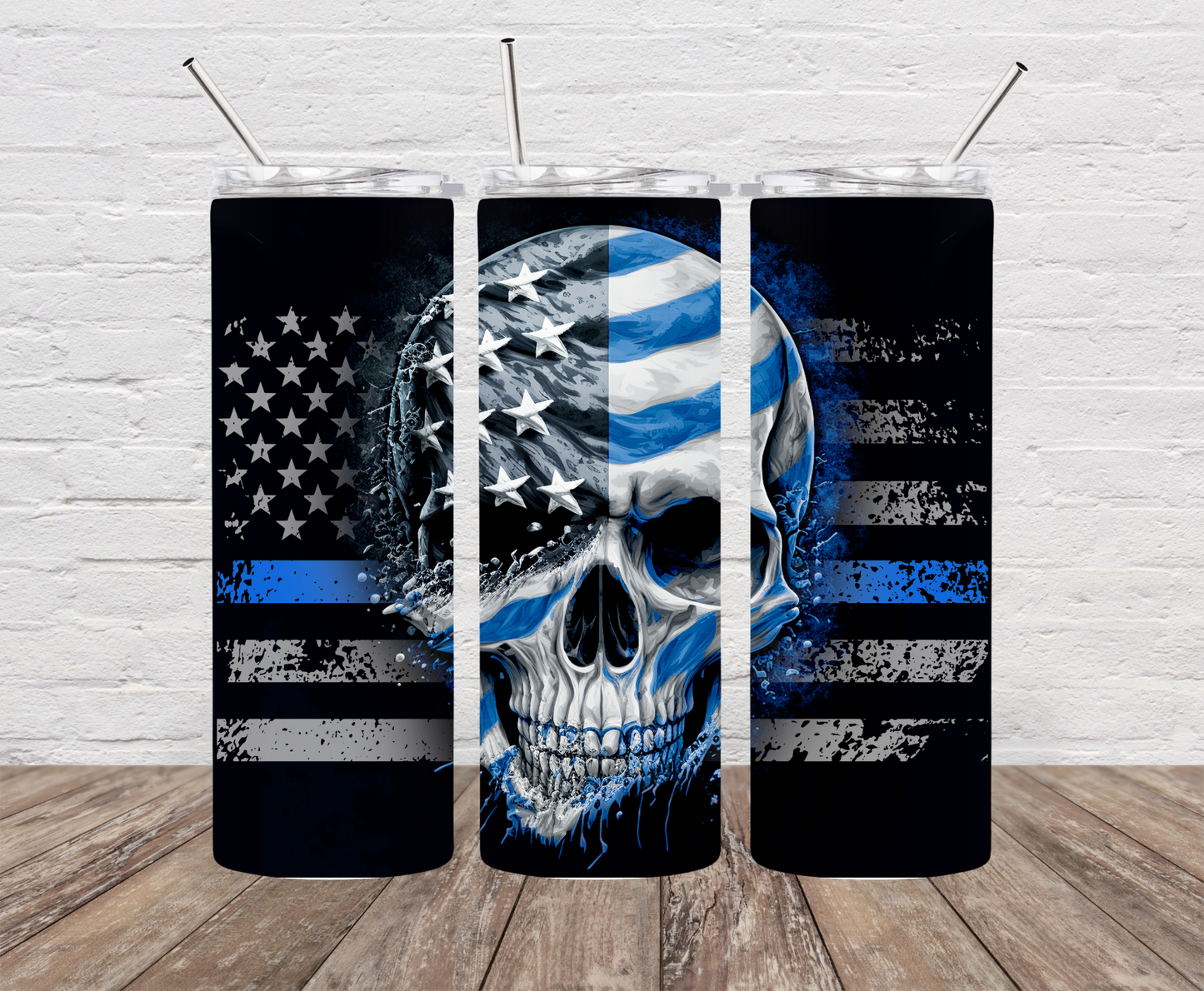 Blue Line Skull Skinny Tumbler